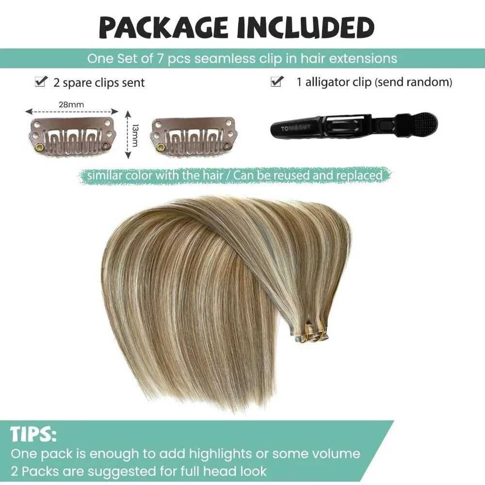 Seamless Clip in Hair Extensions Human Hair Blonde Balayage 18 Inch